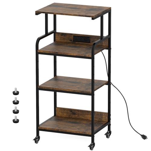 Rustic Brown 4 Tier Adjustable Mobile Printer Stand Rolling Cart | Tall space saving design for small home office holds scanner cricut heat press fax machine and various desktop equipment - color: 4-Tier Rustic Brown
