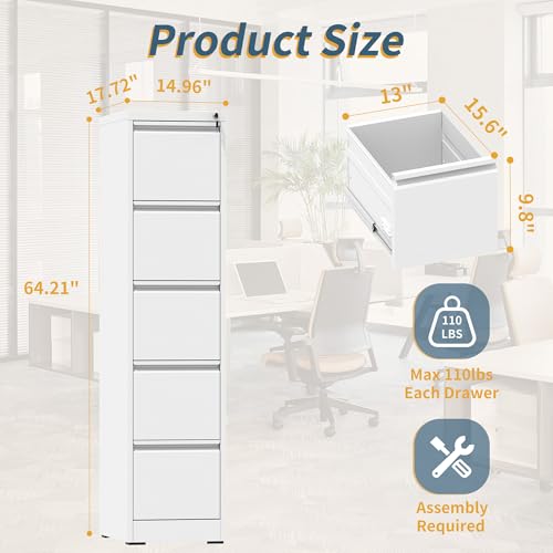 5 Drawer File Cabinet with Lock, Vertical Filing Cabinets for Home Office, Metal Storage Cabinets, Heavy Duty File Cabinet for Letter/Legal/A4/F4 Size Amsseble Required, White - color: White, size: 5 Drawers-Letter/Legal/A4/F4