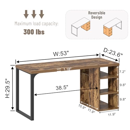 EXCEFUR Computer Desk for Home Office, Modern Writing Desk with Reversible Storage Shelves, Wood and Metal Gaming Study Table Workstations, 53 Inch, Rustic Brown - color: Brown