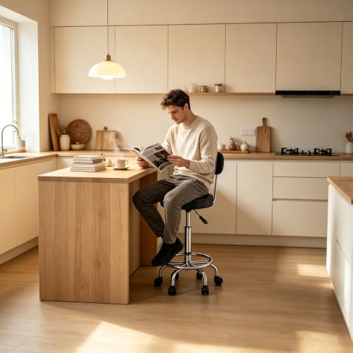 Adjustable Height Rolling Stool with Backrest - color: Black