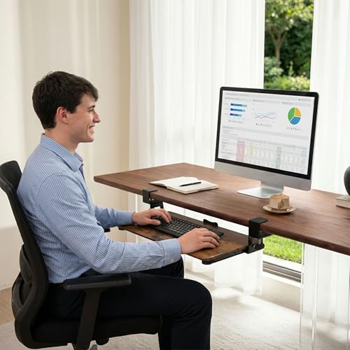 Mahogany Keyboard Tray Under Desk Clamp, Large Slide-Out Keyboard and Mouse Tray, Ergonomic Under Desk Keyboard Drawer Alternative with Wrapped Edge Surface for Home Office - color: Mahogany