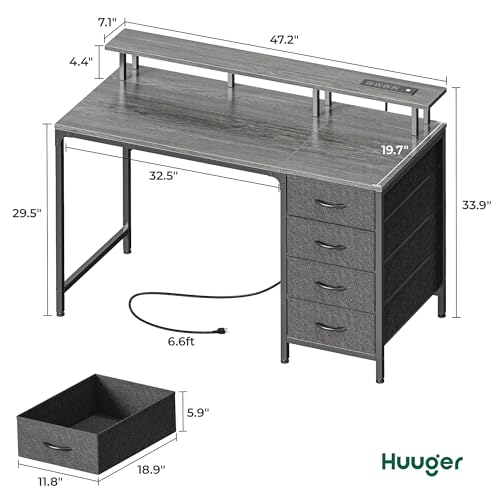 Huuger 47 Inch Computer Desk with Power Outlets and LED Lights, Gaming Desk with 4 Drawers, Office Desk with Monitor Stand, Study Desk Work Desk for Home Office, Small Spaces, Gray - color: Grey, size: 47 INCH