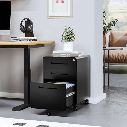 STANI 3 Drawer Filing Cabinet, Metal Filing Cabinet Legal/Letter Size with Lock, Mobile Storage Cabinet for Home and Office, Fully Assembled Except Wheels - color: Black, size: 3 Drawers(C)-Fully Assembled