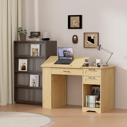 Drafting Table with Storage Cabinet & Drawers, Adjustable Drawing Desk with Open Shelves, Craft Table Painting Desk for Artists, Painters, Drawing, Crafting, Reading, Writing, Working - color: Oak