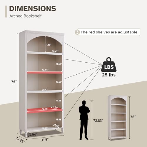 IFGET 76" Tall Arched Bookcase, Farmhouse Large Arched Bookshelf, Cream | 5 Tiers Arch Cabinet w/Adjustable Shelves, Modern Wooden Book Shelf w/Storage & Open Display Shelves for Living Room, Office - color: Cream, size: Large