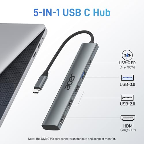 Acer 5 in 1 USB C Hub with 4K HDMI, 100W Power Delivery, 3 USB A Data Ports, USB C to HDMI Multiport Adapter for Laptop, PC, Tablet, MacBook Air, iPad Air, iMac, iPhone 15/16 Pro/Pro Max (2 Pack) - size: 15cm (Pack of 2)