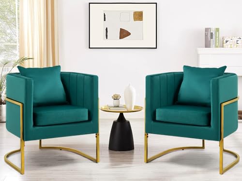 Velvet Accent Chairs Set of 2, Contemporary Barrel Armchairs, Living Room Bedroom Club Chair Set with Pillow, Channel Tufted, Gold Finish Base, Green - color: Green, size: 2 PCS