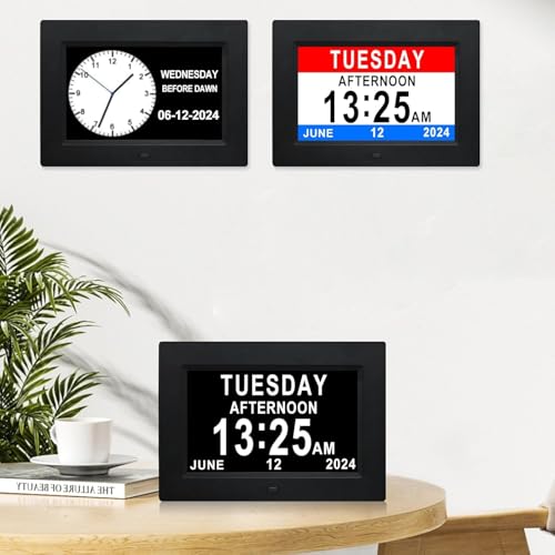 TMC 7 Inch Digital Clock with Day and Date for Elderly - 12 Alarm Options, Auto-Dim, Age Seniors,Elderly, Alzheimer - color: 7"-12 Alarm-black
