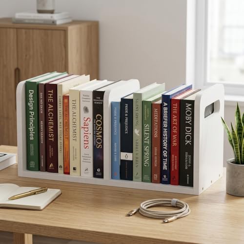 100% Solid Wood Adjustable Desktop Bookshelf With Movable Divider, Retro Tabletop Bookshelf With Convenient Handle Design for Living Room, Home, Office, Perfect for Magazines, Books, Files (White) - color: White