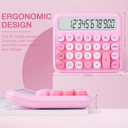 Mechanical Switch 12-Digit Pink Calculator - Large LCD Display, Big Buttons, Desktop, Cute, For Everyday Use - color: pink