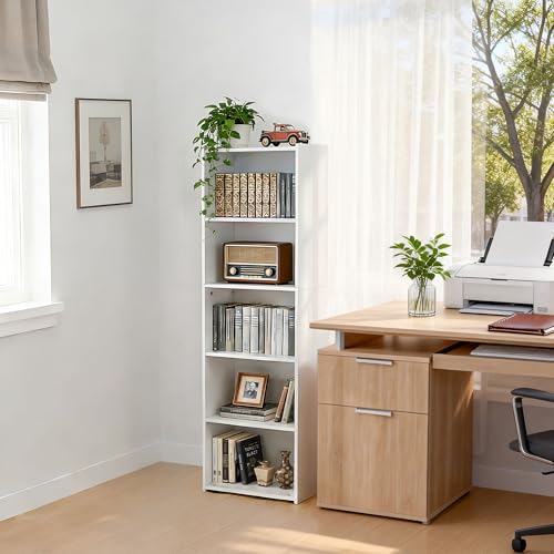 Display Storage Bookcase 5-Tier, Industrial Freestanding Bookshelf for Modern Home Office, Living Room, 52 Inch Open Shelf Rack for Books, Records, Photo Frames and Plants (White)
