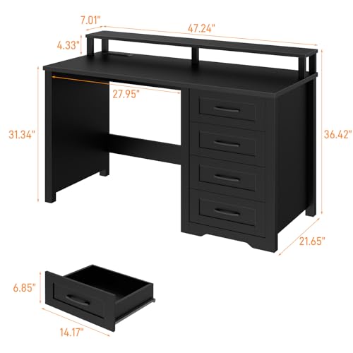 Vabches 47" Farmhouse Executive Desk with 4 Drawers,LED Lights, Pure Black - color: Pure Black, size: 4 Drawers & Monitor Stand