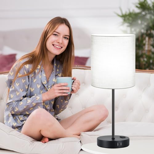 Lynnoland Set of 2 Touch Control Table Lamps with 2 USB & AC Outlet, 3-Way Dimmable Bedside Nightstand Lamps for Bedroom Living Room Nursery, 800 Lumens 5000K Daylight Bulbs Included - color: Gray & Matte Black (Base) - 5000K