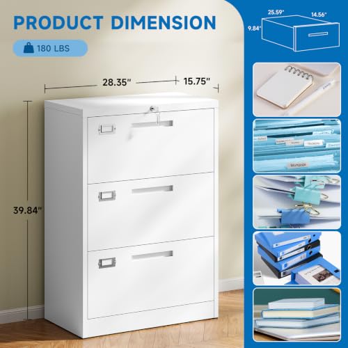 BYNSOE Lateral File Cabinet 3 Drawer,Metal Storage File Cabinet with Lock,Steel Lateral File Cabinet for Legal/Letter A4 Size,Wide File Cabinet for Office Home,Assembly Required - color: White, size: 3 Drawers