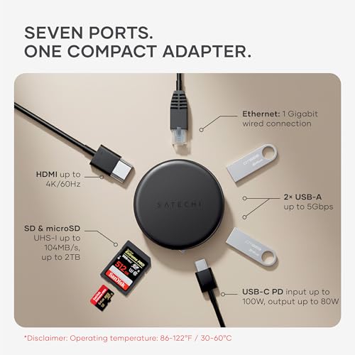 Satechi OntheGo 7-in-1 USB-C Hub, 4K/60Hz HDMI, 100W PD, Space Black | 100W PD, gigabit Ethernet, dual 5 Gbps Type-A ports, SD/microSD reader, coiled cable, fits Mac & Windows