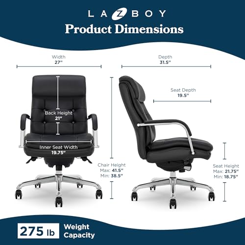 La-Z-Boy Sonata Executive Mid-Back Office Chair, Button-Tufted Seat and Back, Double-Layer Cushion, Padded Armrests, Ergonomic Computer DeskChair, Swivel Metal Base, Bonded Leather, Black/Chrome - color: Black and Chrome
