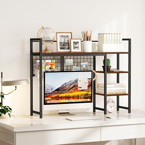 Snughome Desk Shelf, 38.6" Desktop Organizer Shelf, Desk Hutch for Computer Monitor, 4 Tier Desk Display Rack with Pegboard Hooks Set, Wood Desktop Bookshelf for Home Office Dorm - color: Rustic Brown, size: 38.6"