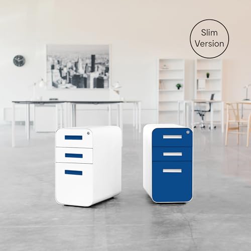 Laura Davidson Furniture Stockpile Slim 3-Drawer Mobile File Cabinet with Lock - Under Desk Metal Filing Cabinet, Legal/Letter File Folders, Wheels and Stationary Feet, Pre-Assembled, Blue Faceplate - color: Blue Faceplate