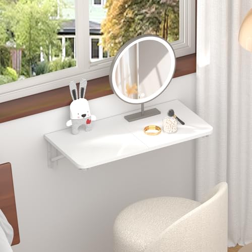 TEAMIX Wall Mounted Folding Desk for Small Spaces, White Floating Shelf | Heavy-duty Brackets, Space-saving Design, Use as Home Office Desk, Drop Leaf Dining Table, Laundry Shelf, or Balcony Table - color: White, size: 23.6"W x 11.8"D