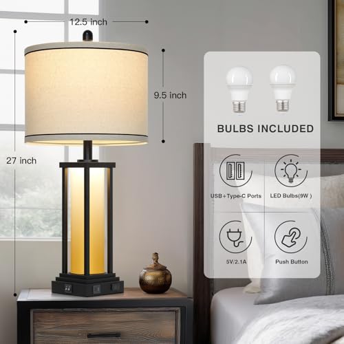 Cinkeda 27" Tall Vintage Table Lamp Set of 2 with USB C+A & Outlet,Farmhouse Nightstand Lamp for Living Room,Rustic Retro Bedside Lamps with Red-Orange Glass Night Light for Bedroom Entryway,Black-2 - color: Black-Orange Nightlight