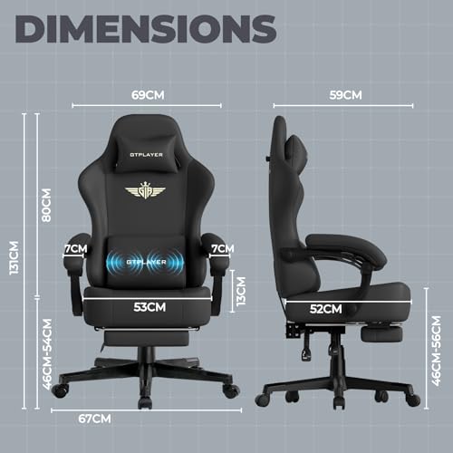 GTPLAYER Gaming Chair with Pocket Spring Cushion, Big and Tall Gamings Chairs 350LBS High Back Computer Chair with Footrest for Adults Lumbar Support Swivel Game Chair for Office,Leather Black-Massage - color: Black With Massage