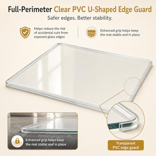 46 x 55 Inch Glass Chair Mat, 1/5 Inch Thick Tempered Glass Office Chair Mat for Carpet and Hardwood Floors, Heavy Duty Clear Floor Protector with Polished Edges and 8 Non-Slip Pads - size: 55" x 46"