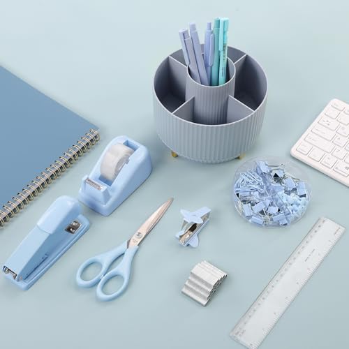SKYDUE Blue Desk Accessories 11Pcs with Rotating Pen Holder for Desk | Included Stapler with Staples, Staple Remover, Tape Dispenser,2pcs Tape Refills, Binder Paper Clips Kit, Scissor, 2pcs Pens - color: Blue