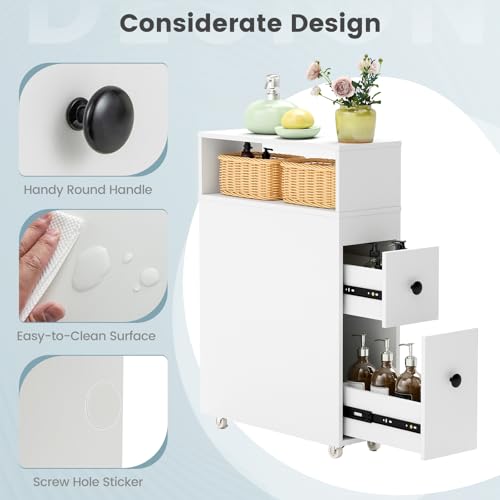 Tangkula Slim Bathroom Storage Cabinet, Movable Narrow Toilet Side Cabinet w/2 Slide Out Drawers, 2 Rattan Baskets & Shelves, Toilet Paper Holder on Wheels for Small Spaces