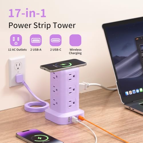 Extension Cord with Multiple Outlets, SMALLRT Outlet Extender with 12 AC Outlets 4 USB, 6.5FT Power Strip Tower for Home Office Supplies, Purple - color: Purple, size: 6.5 Ft with wireless charging