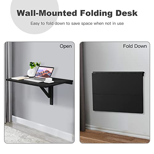 COSTWAY Wall Mounted Folding Table, 31.5" x 23.5" Drop-Leaf Floating Writing Desk for Small Spaces, Space-Saving Fold Down Laptop Workstation for Kitchen, Bedroom, Laundry Room, Study Room (Black) - color: Black
