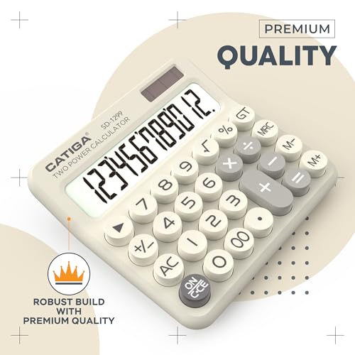 CATIGA Mechanical Switch Calculator with Solar and Battery Dual Power, 12-Digit Large LCD Display, Aesthetic and Cute Desktop Calculator with Big Button, for Home, School and Office Use, SD-1299 - color: Z) Beige