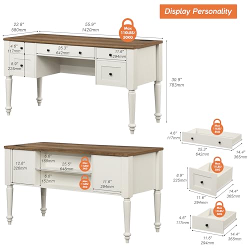 WAMPAT Farmhouse Executive Desk with Charging Station, Off White, 56 Inch - color: Off White