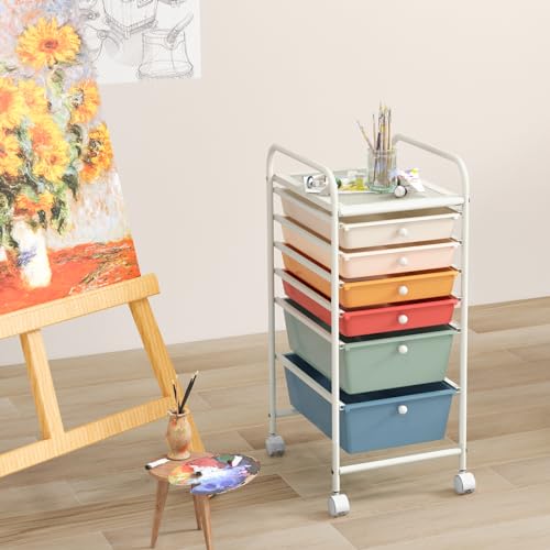 GOFLAME 6-Drawer Rolling Storage Cart, Multifunctional Art Craft Organizer Cart, Mobile Utility Storage Cart with Removable Drawers & Lockable Wheels, Craft Cart for Home Office, Macaron Color - color: Macaron Color, size: 6-Drawer without Wood Top