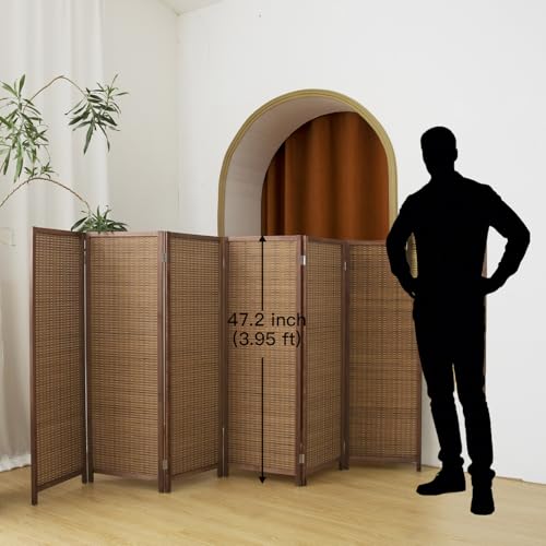 6 Panel Short Panel Divider Screen,3.95 FT Tall Bamboo Room Divider Folding Privacy Screen,Short Panel Divider Freestanding Room Divider for Room Seperation,Brown - color: Brown, size: 6 Panel