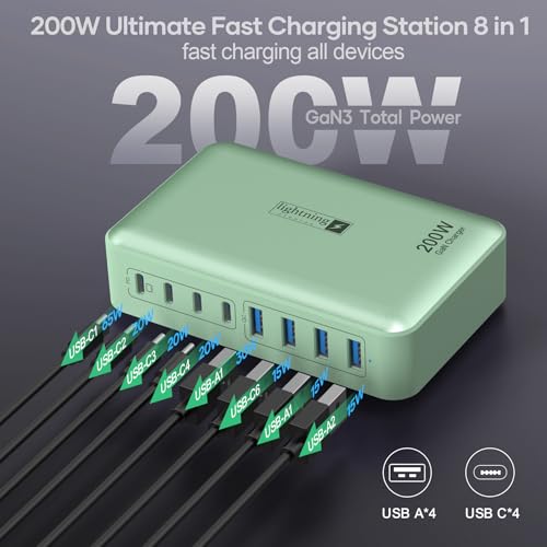 8-Port Multiple Charger Station 200W with Flat Plug, Braided Power Cord, and On/Off Switch- USB Charging Hub for iPhone, iPad, MacBook and More- 65W C Port Power Adapter for Laptops - color: Flat Charger 200W GREEN