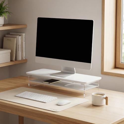 Fenge 23.6" Monitor Stand with Clear Acrylic Legs, White - color: White, size: 23.6in