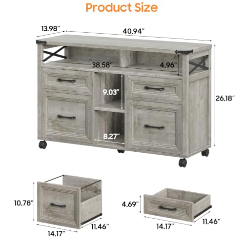 Halitaa Farmhouse Filing Cabinet with Adjustable Shelf & Wheels, Grey - color: Grey, size: 4 Drawers&Wheels