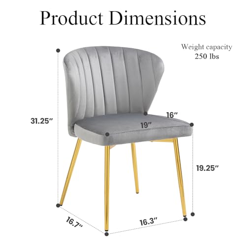 Velvet Dining Chairs Set of 2, Modern Upholstered Vanity Chairs with Golden Metal Legs for Dining Room Kitchen Vanity Patio (Grey) - color: Grey