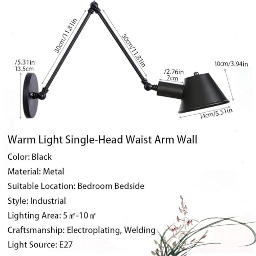 Vintage Black Swing Arm Wall Sconce Adjustable Metal Reading Lamp Warm Light Mounted for Bedroom Headboard Study Room Living Sofa Side