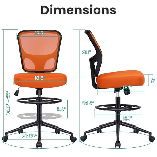 Armless Drafting Chair Tall Office Chair for Standing Desk - Adjustable Height Mesh Ergonomic Stool with Foot Ring, Rolling Counter Height Computer Chair for Small Spaces & Home Office - color: Orange