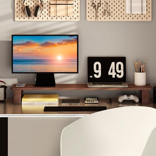 Ufine Dual Monitor Stand Riser 39.3 Inch Wood Desk Shelf Desktop Organizer | 2 Heights Adjustable, Ergonomic Computer Monitor Stand for 2 Monitors, Laptop, TV, Printer