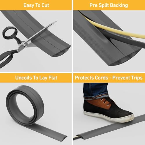 D-Line 30ft Floor Cord Cover, Floor Cable Protector, Extension Cord Cover, Protect Wires & Prevent Cable Trips, Cable Management Solution - Cord Cavity = 0.63" (W) x 0.31" (H) - Gray - color: Gray, size: 30 Feet