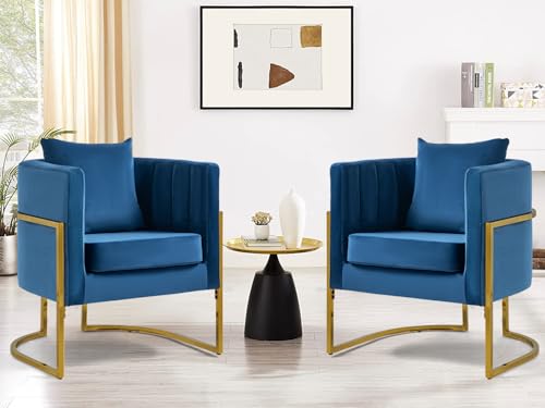 Velvet Accent Barrel Chairs Set of 2, Modern Arm Club Chair Set with Pillow for Living Room/Bedroom/Guest Reception, Channel Tufted, Gold Finish Base, Navy Blue - color: Navy Blue, size: 2 PCS