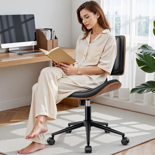 Ergonomic Armless Office Desk Chair - Mid-Century Modern Black Faux Leather with Diamond Stitch, Adjustable Height Swivel Rolling Task Computer Chair with Walnut Accent for Home Office, Study & Work - color: Black, size: 4 Pack