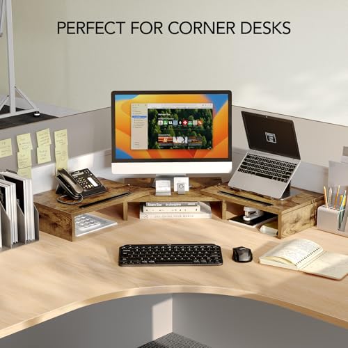 AMERIERGO Dual Monitor Stand Riser- 3 Shelf Screen Stand with Adjustable Length and Angle, 2 Extra Functional Slot Desktop Organizer Stand for PC, Computer, Laptop (Rustic Brown) - color: Rustic Brown
