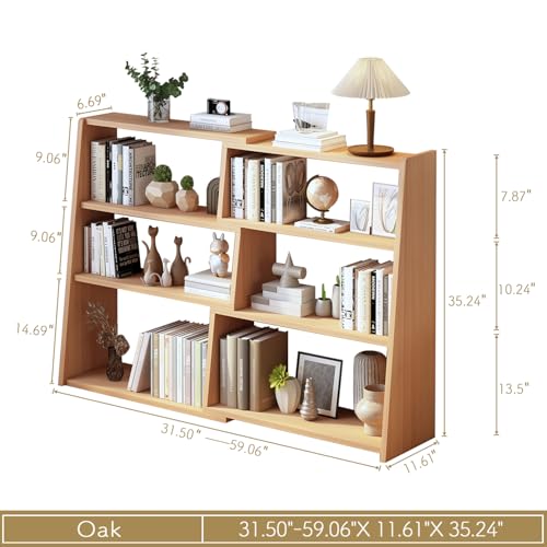 IOTXY Wooden Extendable Shelf Bookcase, 3-Tier Low Bookshelf, Oak, L | Adjustable Two-piece Design, 6 Open Cubbies, Extends 31.5"-59.1" for Straight Walls, Corners, and Small Spaces - color: Oak, size: Large