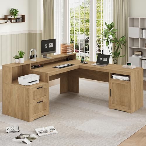 63" Fluted L Shaped Desk with Drawers & Printer Shelf for Home Office - color: Oak