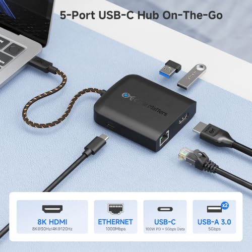 Cable Matters USB C Hub HDMI 2.1, 8K Video, Gigabit Ethernet | 8K@30Hz / 4K@120Hz, 100W Charging, 5Gbps Data Transfer, Max 4K@60Hz on macOS, Compatible with Thunderbolt 4/5