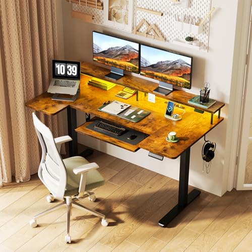 OffiGo 55 Inch U Shaped Standing Desk with Keyboard Tray, Rustic Brown - color: Rustic Brown, size: 55 Inch