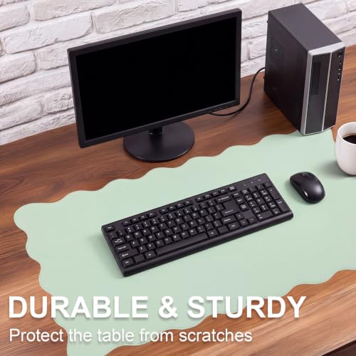 Tellegloww Scalloped Desk Mat Leather Desk Pad Protector Non-Slip PU Leather Table Protector Waterproof Mouse Pad Keyboard Mat Curly Mousepad PC Accessories Gift for Office Home (Sage Green)